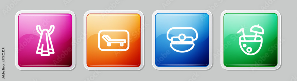 Set line Towel on a hanger, Sunbed and umbrella, Captain hat and Coconut cocktail. Colorful square button. Vector Set line Towel on a hanger, Sunbed and umbrella, Captain hat and Coconut cocktail. Colorful square button. Vector