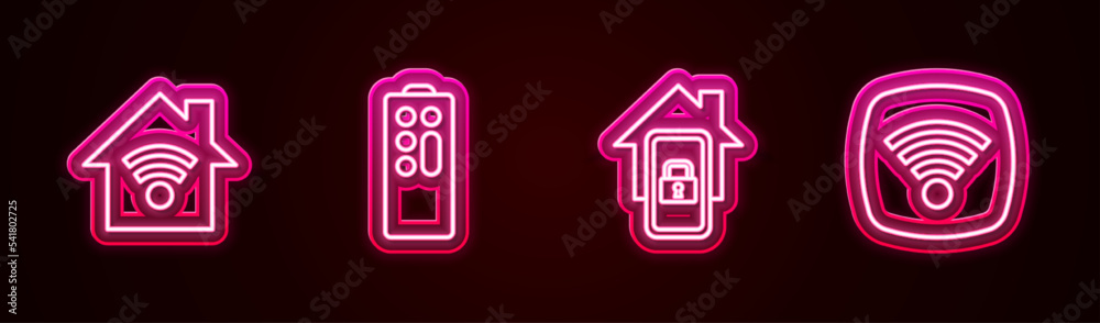 Set line Smart home with wi-fi, Remote control, Mobile smart and Wi-Fi wireless internet network. Glowing neon icon. Vector Set line Smart home with wi-fi, Remote control, Mobile smart and Wi-Fi wireless internet network. Glowing neon icon. Vector