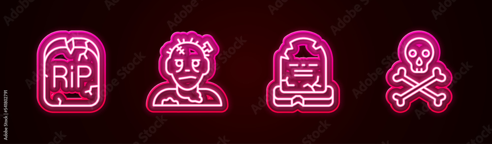 Set line Tombstone with RIP written, Zombie mask, and Skull crossbones. Glowing neon icon. Vector Set line Tombstone with RIP written, Zombie mask, and Skull crossbones. Glowing neon icon. Vector