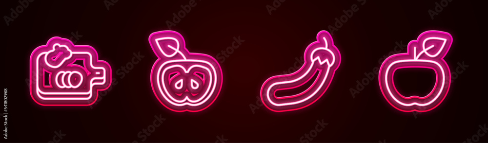 Set line Cutting board with vegetables, Apple, Eggplant and . Glowing neon icon. Vector Set line Cutting board with vegetables, Apple, Eggplant and . Glowing neon icon. Vector