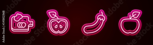 Set line Cutting board with vegetables, Apple, Eggplant and . Glowing neon icon. Vector