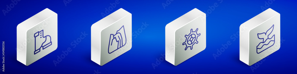 Set Isometric line Winter warm boot, Waterfall, Ship steering wheel and Whale tail icon. Vector Set Isometric line Winter warm boot, Waterfall, Ship steering wheel and Whale tail icon. Vector