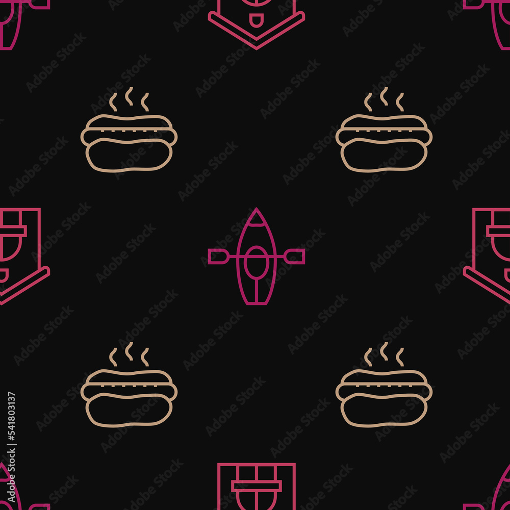 Set line Farm house, Hotdog sandwich and Kayak paddle on seamless pattern. Vector