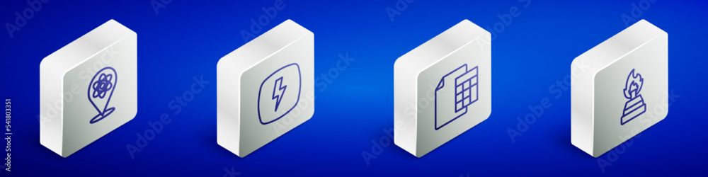 Set Isometric line Atom, Lightning bolt, Calculator and Alcohol spirit burner icon. Vector Set Isometric line Atom, Lightning bolt, Calculator and Alcohol spirit burner icon. Vector