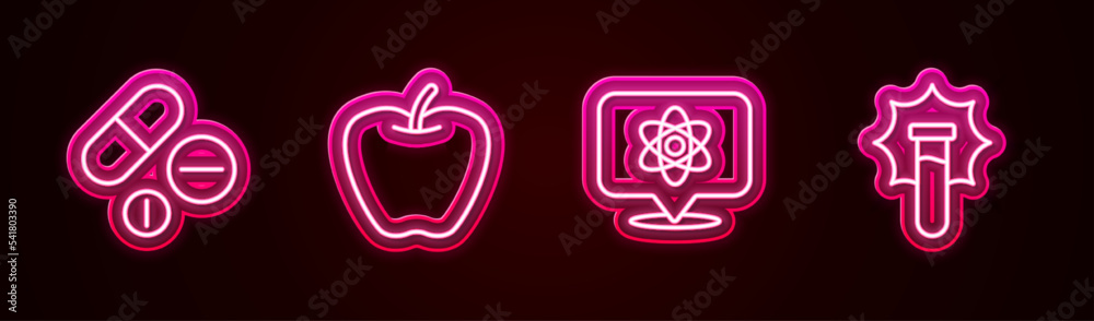 Set line Medicine pill or tablet, Apple, Atom and Explosion the flask. Glowing neon icon. Vector Set line Medicine pill or tablet, Apple, Atom and Explosion the flask. Glowing neon icon. Vector