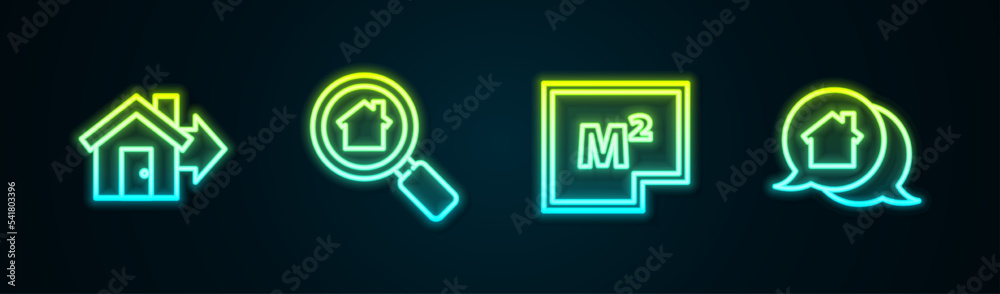 Set line Sale house, Search, House plan and Real estate message. Glowing neon icon. Vector Set line Sale house, Search, House plan and Real estate message. Glowing neon icon. Vector