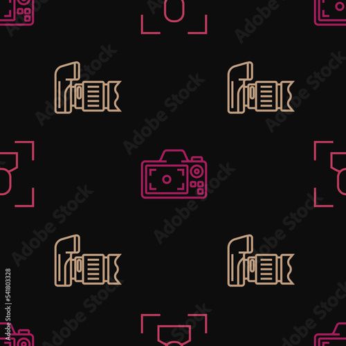 Set line Camera focus frame line, Photo camera and on seamless pattern. Vector