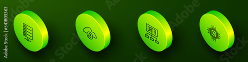 Set Isometric line Server, Cloud computing lock, Data analysis and Processor CPU icon. Vector