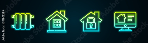 Set line Heating radiator, House, under protection and Online real estate house. Glowing neon icon. Vector