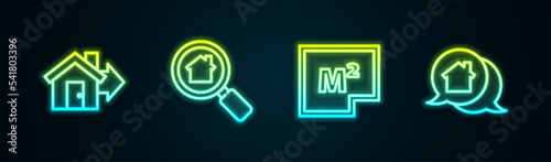 Set line Sale house, Search, House plan and Real estate message. Glowing neon icon. Vector