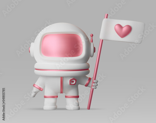 Cute astronaut with a flag and a 3d heart. Vector illustration in a modern plastic style. A spacewoman in a pink helmet. A card for a Valentine's Day or wedding design