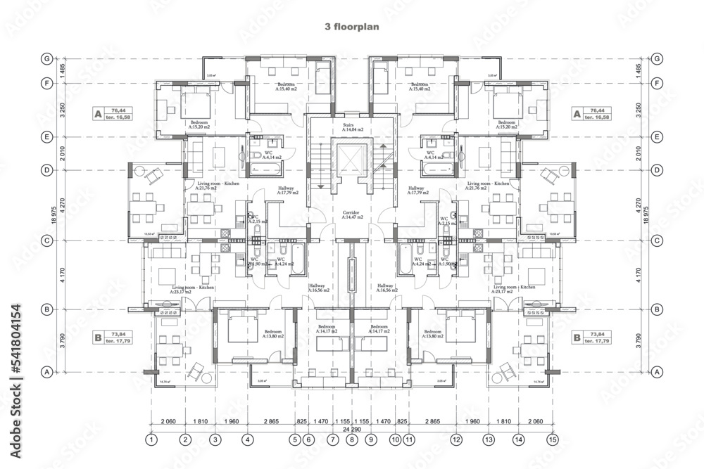 Detailed architectural one story private house blueprints and drawings. Vector illustration Detailed architectural one story private house blueprints and drawings. Vector illustration