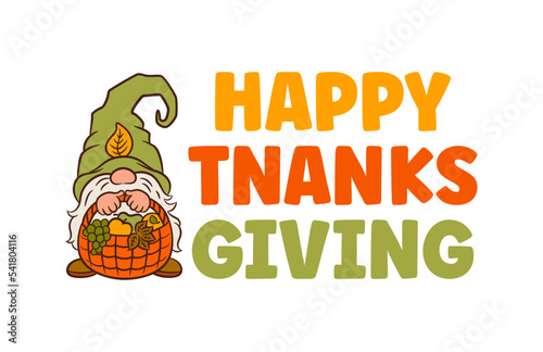 Thanksgiving greeting typography design with cute fall gnome holding harvest basket. Happy Thanksgiving text. Playful design for poster print, autumn greeting card or party invitation.