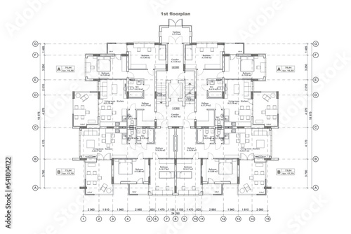 Detailed architectural one story private house blueprints and drawings. Vector illustration
