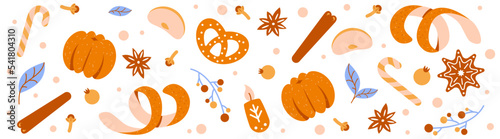 Horizontal Christmas banner. Isolated tangerine, orange, cookies and spices. Pattern for packaging