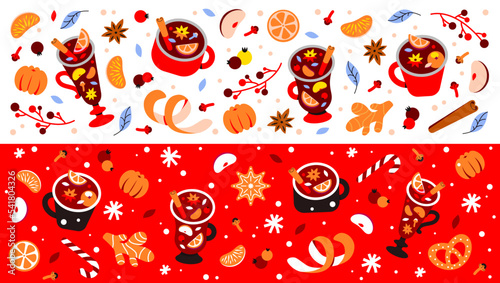 A set of horizontal banners with hot winter drinks. christmas pattern with mulled wine and spices