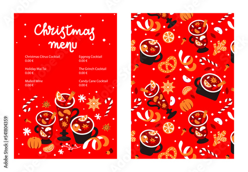 Menu template with hot winter seasonal drinks. Christmas menu with mulled wine, punch and cocktails