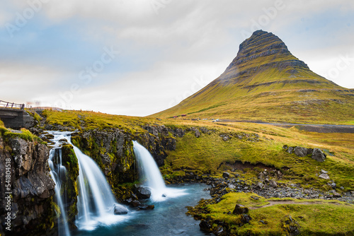 Landscape of the Kirkjufell Mountain and the Kirkjufellsfoss waterfall at the Snaefellsness Peninsula  Iceland.
