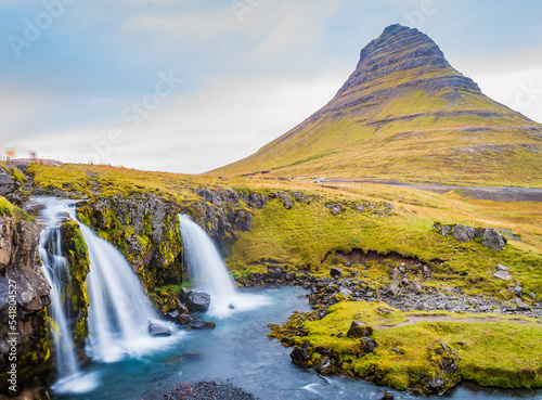 Landscape of the Kirkjufell Mountain and the Kirkjufellsfoss waterfall at the Snaefellsness Peninsula, Iceland.