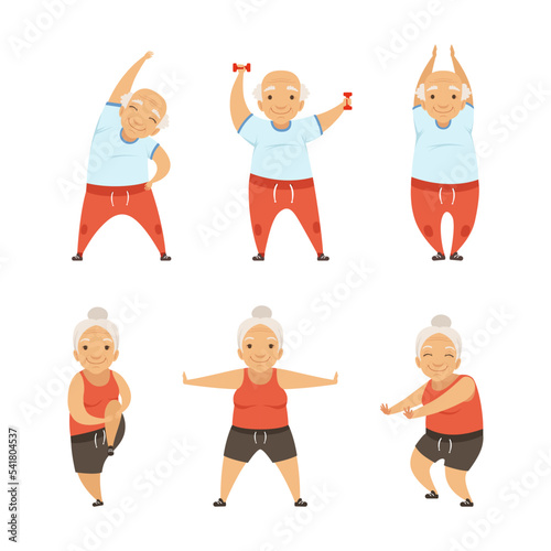 Senior Man and Woman with Grey Hair Doing Physical Exercises Stretching Vector Set