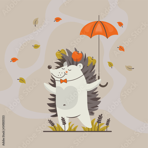 Hedgehog with an umbrella and apples