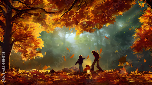 Photographie Family playing in autumn, autumn leaves, having fun in nature,  cinematic, dramatic, sense of awe, composition, bright light, photo realistic illustration