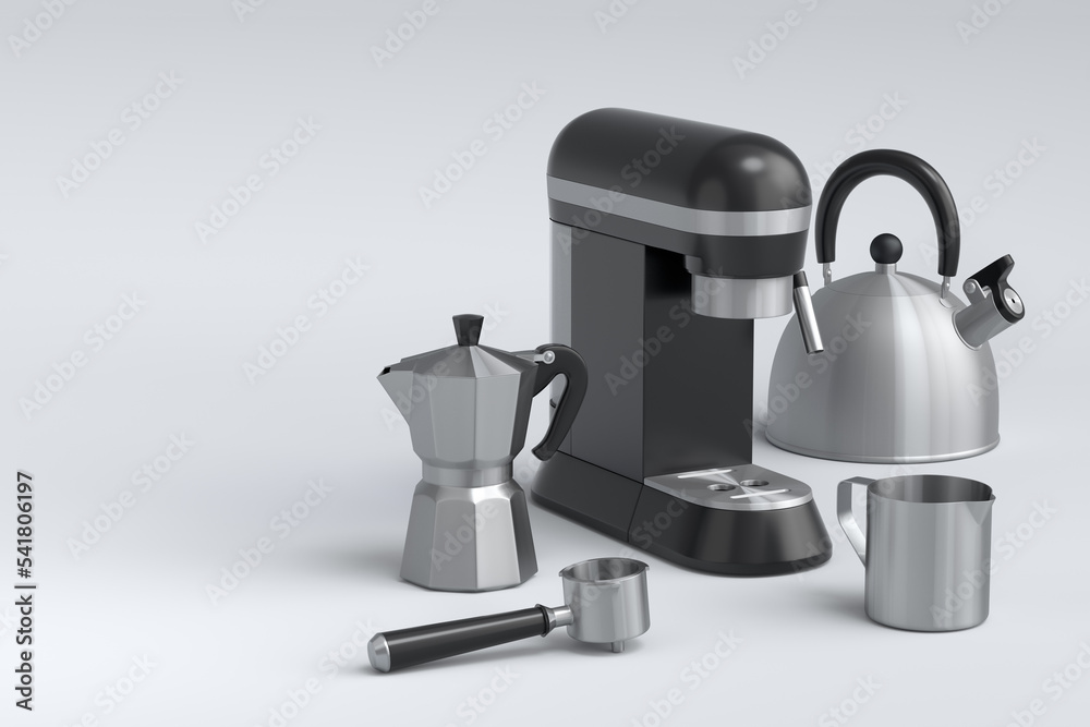 Espresso coffee machine with horn, kettle and geyser coffee maker on white . Espresso coffee machine with horn, kettle and geyser coffee maker on white .