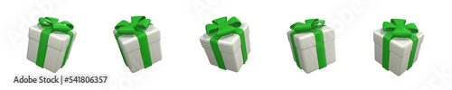 Set of white gift boxes with green ribbon and bows. Isolated on a transparent background. 3d render