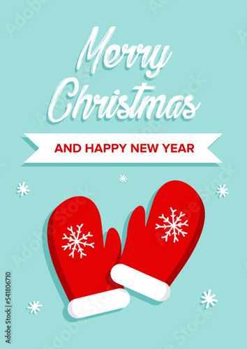 Merry Christmas vector card with red mittens. Merry Christmas and Happy New Year