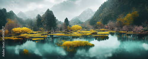 Mysterious mountain lake with turquoise water in the autumn day. Zen lake. Beautiful reflection of mountains and autumn foliage Panoramic view of mountain lake. 