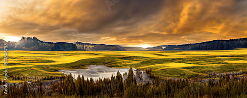Gorgeous Panorama of Yellowstone Park with blue sky and puffy clouds 