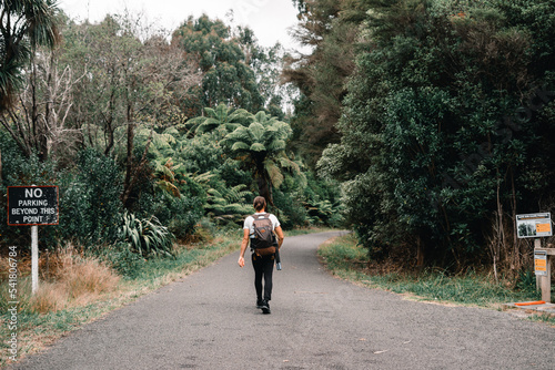 sporty young man with long hair tied back in a bun walking on nature park entrance road with backpack on his back and tripod on waitawheta tramway, new zealand photo