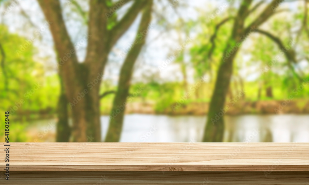 empty wooden table against the blurred nature background, product display stand, 3d mockup empty wooden table against the blurred nature background, product display stand, 3d mockup
