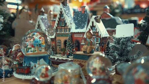 Christmas souvenirs, snow globes, doll houses and ceramic figures in a toy store showcase. Buying Christmas presents for family and kids in a cozy shop, traditional holiday shopping in a trade center.