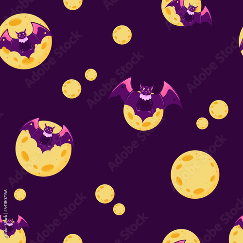 Seamless pattern. Halloween banner with bat on full moon background.