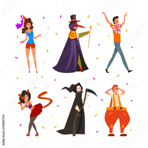 People Characters Wearing Carnival or Masquerade Costumes Vector Illustration Set
