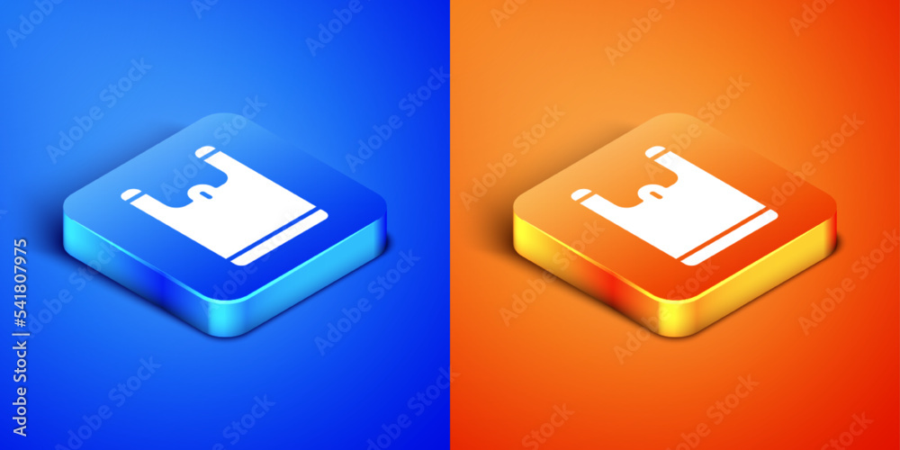 Isometric Plastic bag icon isolated on blue and orange background. Disposable cellophane and polythene package prohibition sign. Square button. Vector Isometric Plastic bag icon isolated on blue and orange background. Disposable cellophane and polythene package prohibition sign. Square button. Vector