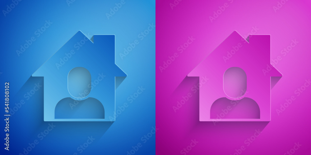 Paper cut Online working icon isolated on blue and purple background. Freelancer man working on laptop at his house. Remote work. Distant job concept. Paper art style. Vector Paper cut Online working icon isolated on blue and purple background. Freelancer man working on laptop at his house. Remote work. Distant job concept. Paper art style. Vector