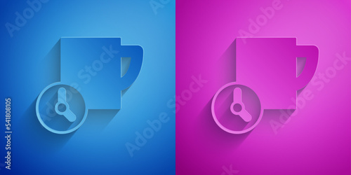 Paper cut Time management icon isolated on blue and purple background. Clock and coffee cup sign. Productivity symbol. Paper art style. Vector
