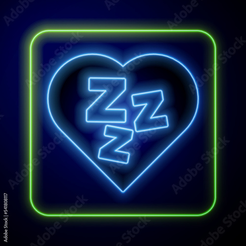 Glowing neon Sleepy icon isolated on blue background. Sleepy zzz black talk bubble. Vector
