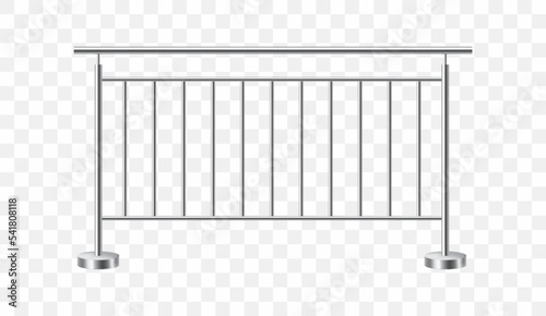 Realistic stair stainless steel railing. Metal balustrade. Fencing sections with steel poles. 3D vector illustration isolated on transparent background.