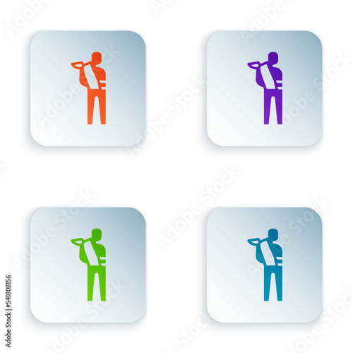 Color Human broken arm icon isolated on white background. Injured man in bandage. Set colorful icons in square buttons. Vector