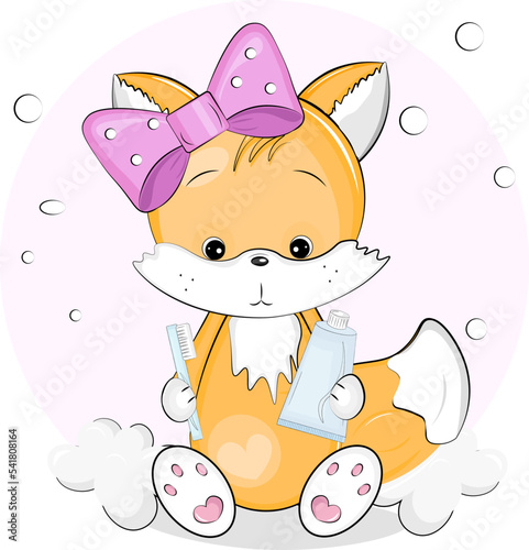 cute fox with toothbrush and paste