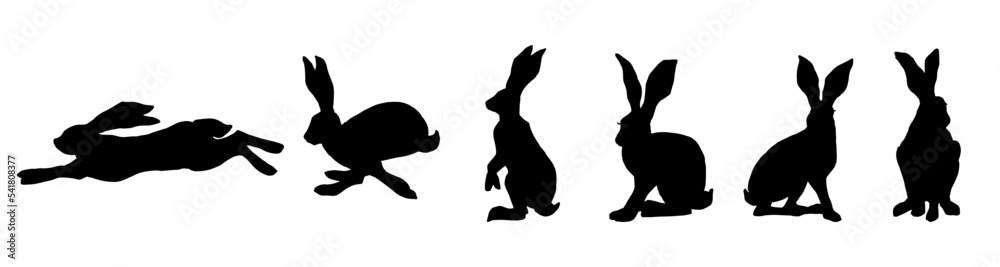 Set of silhouettes of wild forest animals hares, rabbits.Vector graphics. Set of silhouettes of wild forest animals hares, rabbits.Vector graphics.