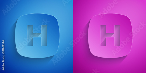 Paper cut Hospital signboard icon isolated on blue and purple background. Paper art style. Vector