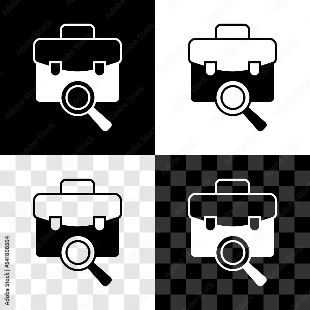 Set Magnifying glass with briefcase icon isolated on black and white, transparent background. Job hunting. Work search concept. Unemployment, head hunting, career. Vector