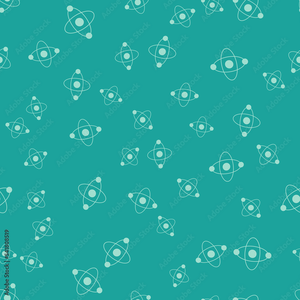 Green Atom icon isolated seamless pattern on green background. Symbol of science, education, nuclear physics, scientific research. Vector Green Atom icon isolated seamless pattern on green background. Symbol of science, education, nuclear physics, scientific research. Vector