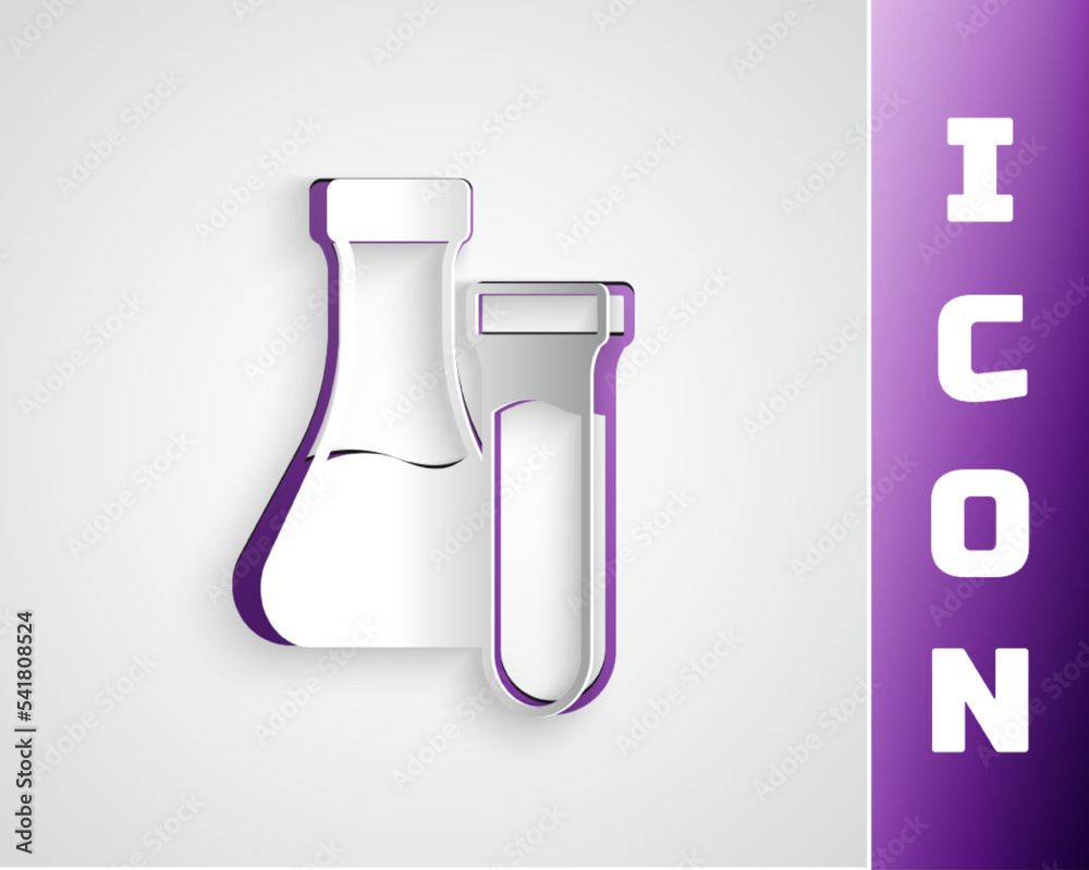 Paper cut Test tube and flask chemical laboratory test icon isolated on grey background. Laboratory glassware sign. Paper art style. Vector