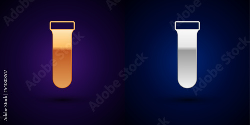 Gold and silver Test tube and flask chemical laboratory test icon isolated on black background. Laboratory glassware sign. Vector