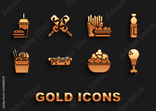 Set Hotdog sandwich with mustard, Chicken leg, Popcorn in bowl, Asian noodles paper box chopsticks, Burger french fries carton package, Paper glass drinking straw burger and Ice cream icon. Vector © Oksana